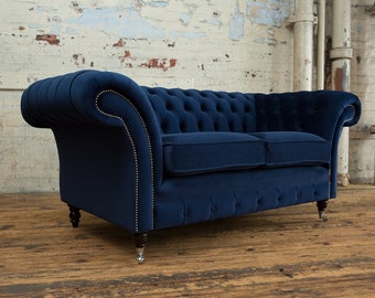 British Handmade 2 Places Navy Velvet Tissu Chesterfield Canapé