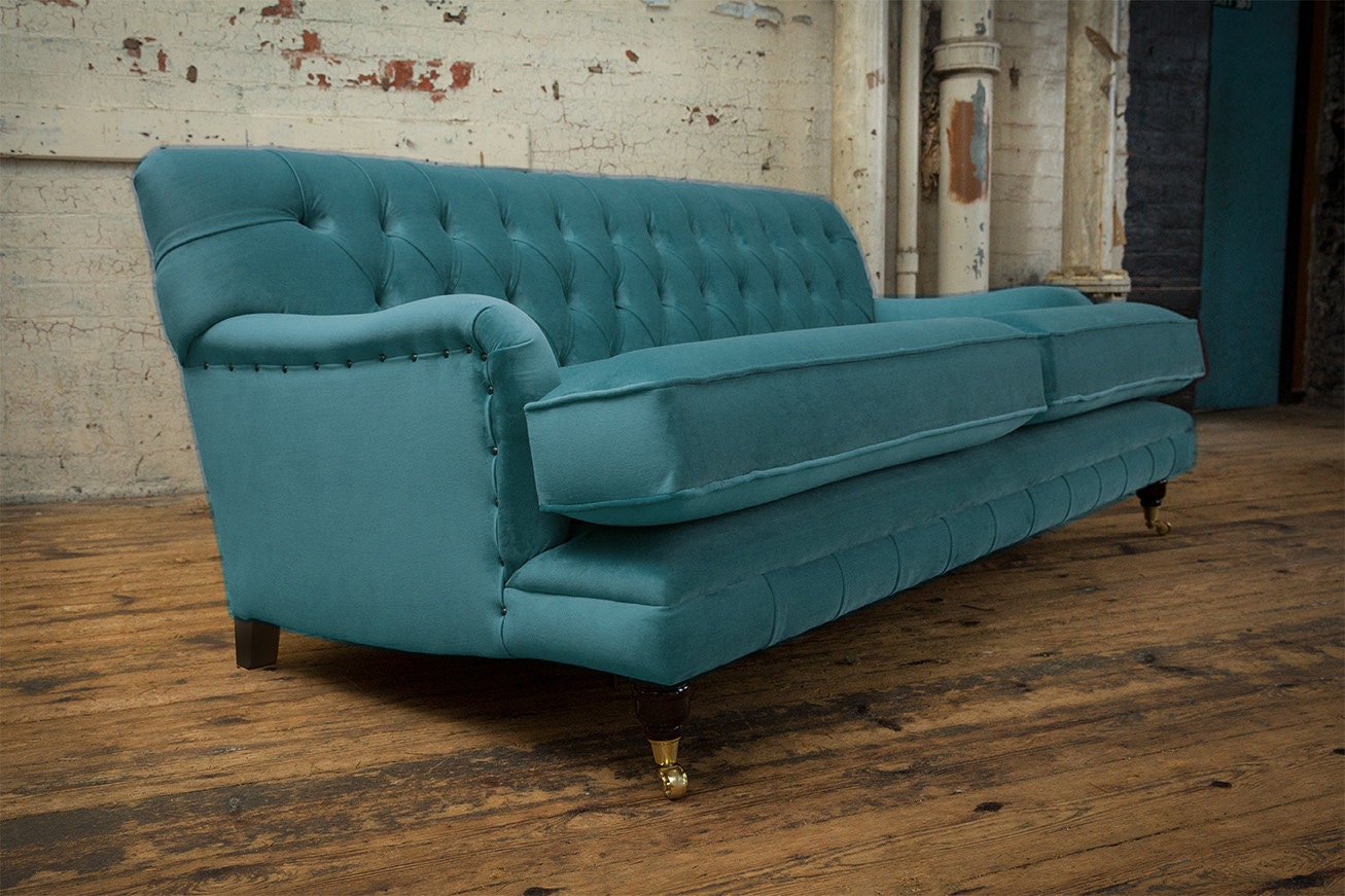 Handmade 3 Seater Teal Blue Velvet Low Chesterfield Sofa - Etsy