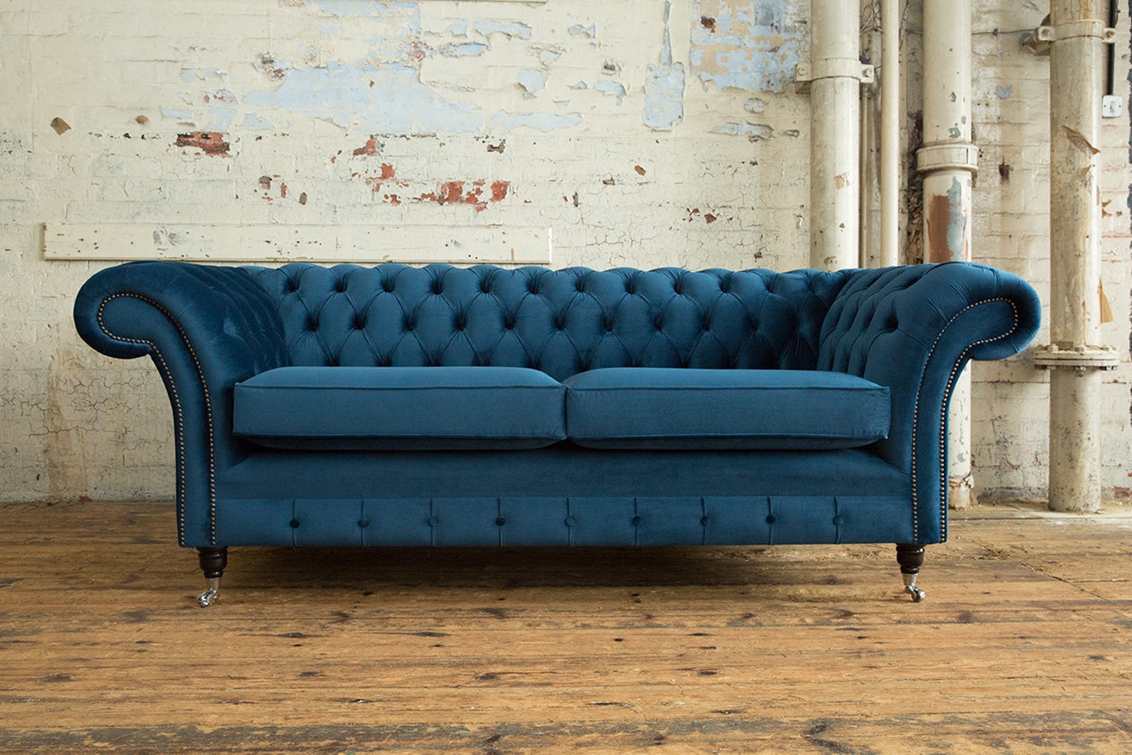 British Handmade 3 Seater Ocean Navy Blue Velvet Fabric Chesterfield ...