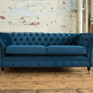 British Handmade 3 Seater Ocean Navy Blue Velvet Fabric Chesterfield ...