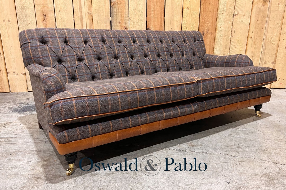3 Seater Tan Tweed Chesterfield Sofa, Vintage Tan Leather Details ...