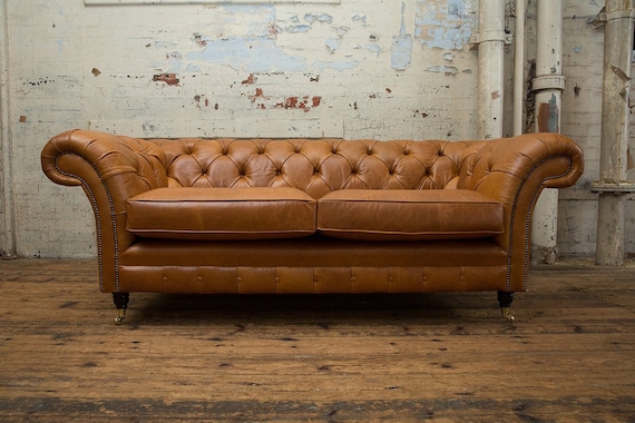 Unique British Handmade Distressed Tan, Distressed Tan Leather Chesterfield Sofa