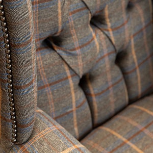 British Handmade Tan Brown Herringbone Tweed with Antique Tan Leather High Back Wing Chair image 8