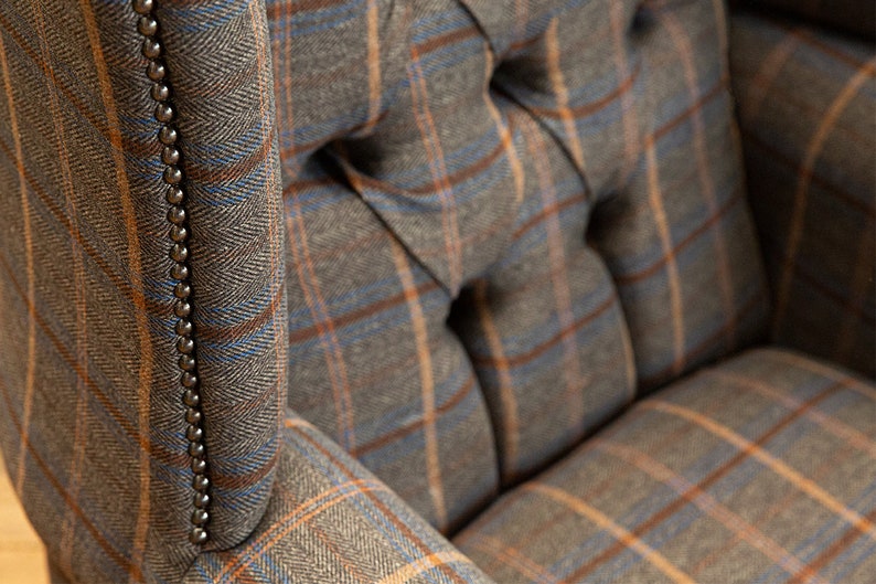 British Handmade Tan Brown Herringbone Tweed with Antique Tan Leather High Back Wing Chair image 8