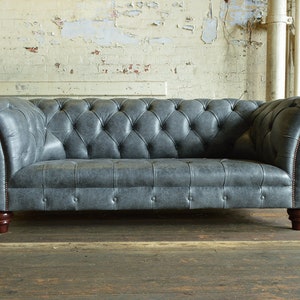 British Handmade 3 Seater Grey Leather Chesterfield Sofa image 1