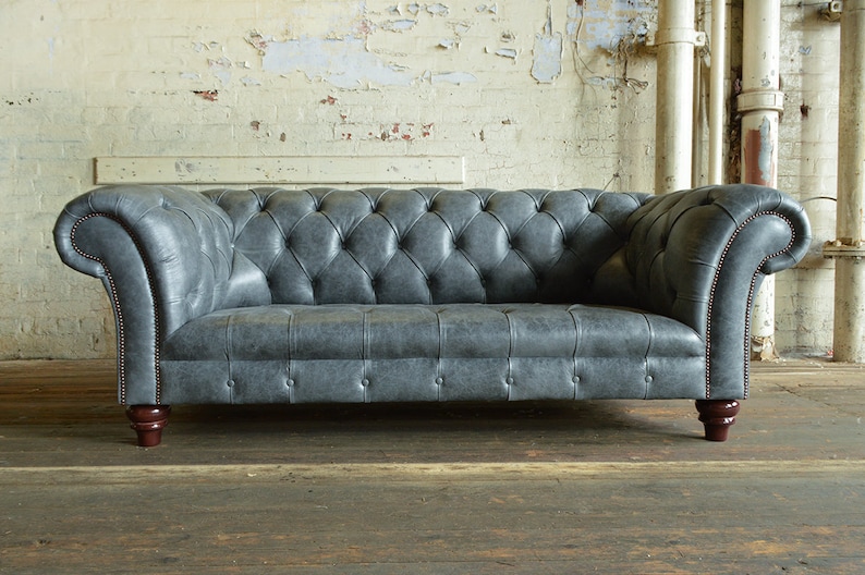 British Handmade 3 Seater Grey Leather Chesterfield Sofa image 1