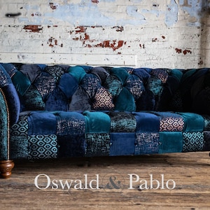 Unique British Handmade 3 Seater Navy Blue Velvet Fabric Patchwork ...