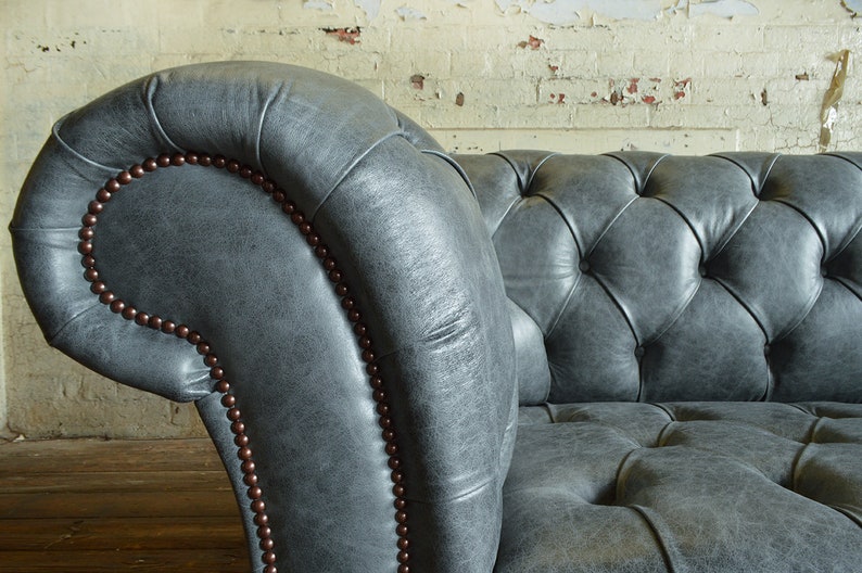 British Handmade 3 Seater Grey Leather Chesterfield Sofa image 2