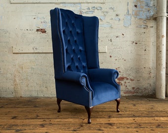 Plush Navy Blue Velvet Chesterfield High Back Wing Chair, British Handmade