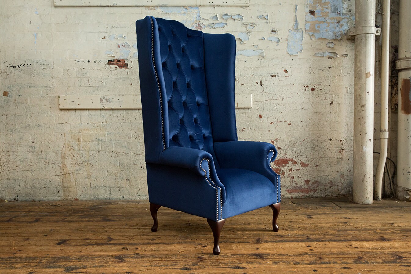 High back blue velvet chair discount