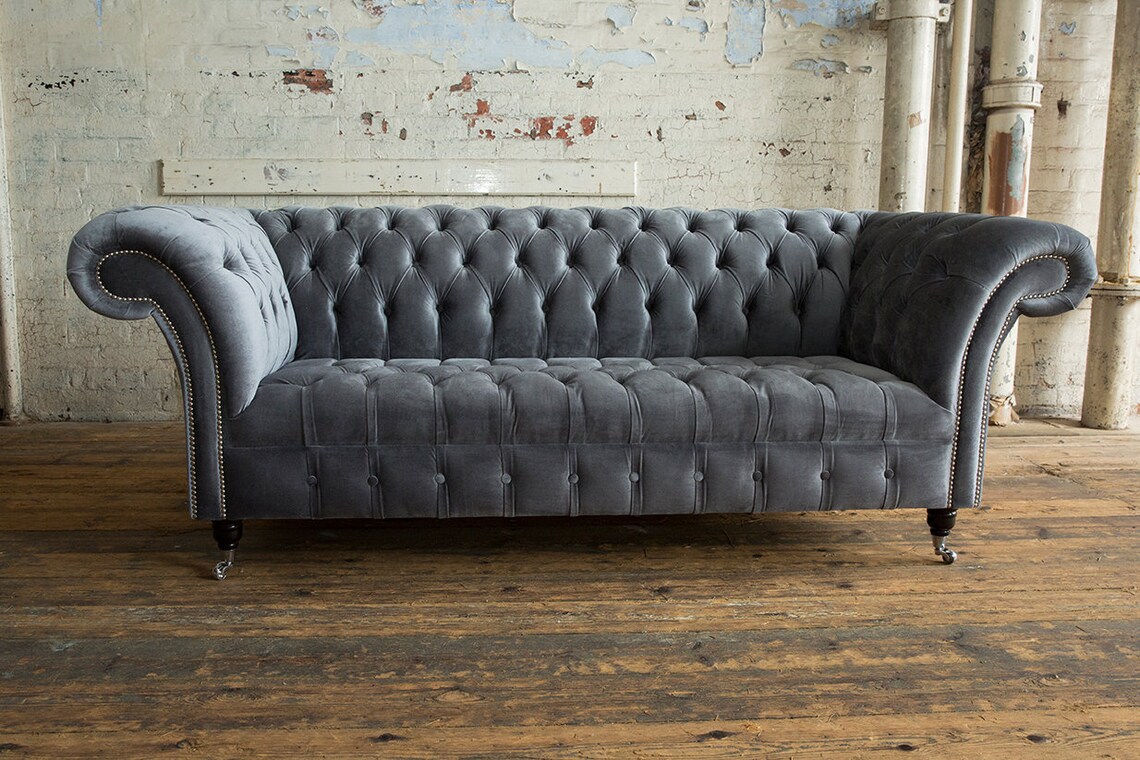 British Handmade 3 Seater Grey Velvet Fabric Chesterfield Sofa - Etsy UK