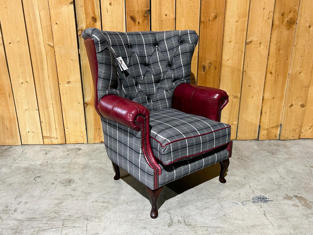 British Handmade Grey Herringbone Tweed With Burgundy Red Leather High ...