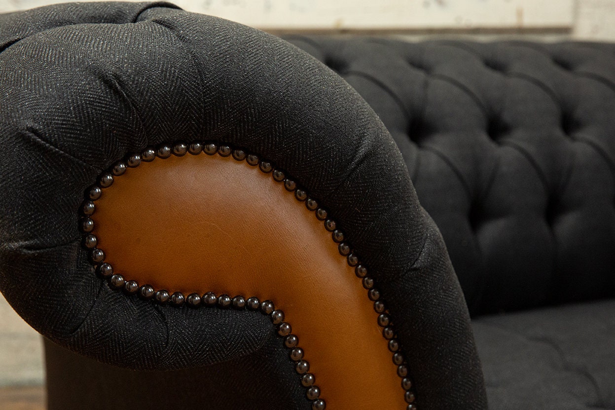 British Handmade 3 Seater Charcoal Grey Herringbone Wool & Tan Leather ...