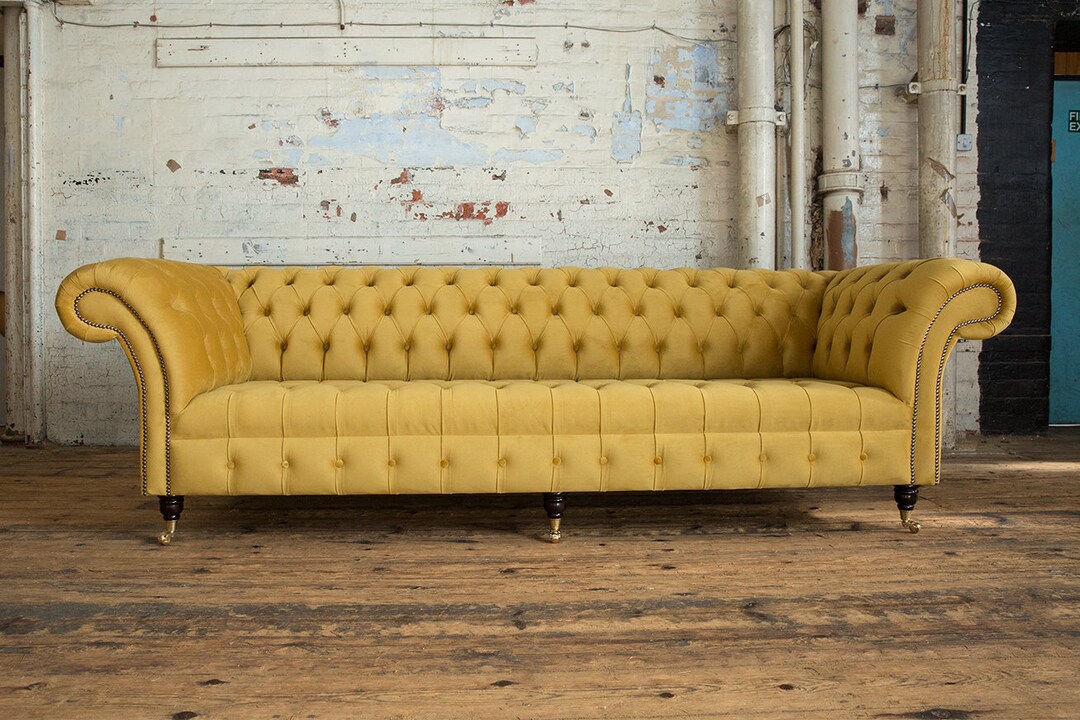 Large 4 Seater Mustard Velvet Fabric Chesterfield Sofa Etsy