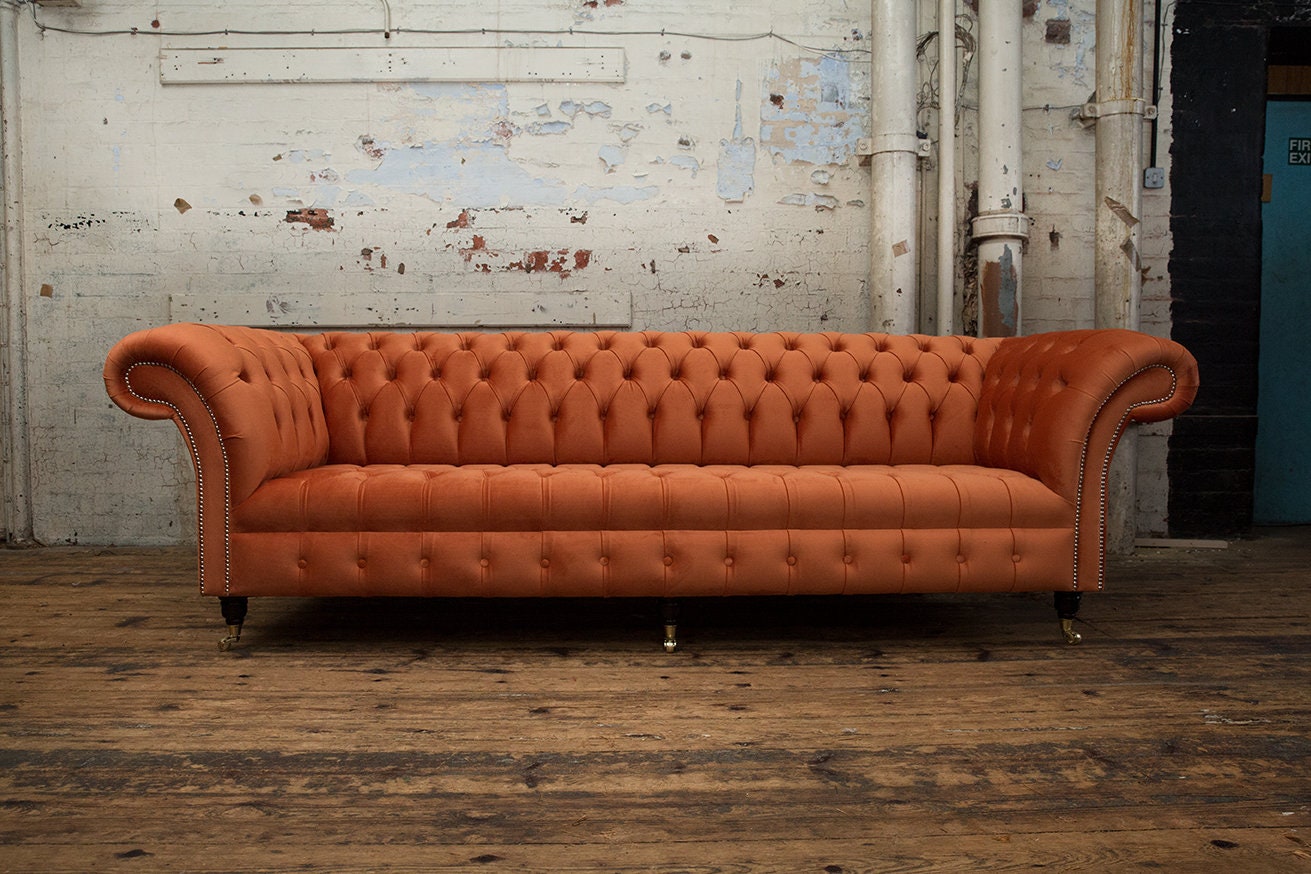 Handmade 4 Seater Orange Velvet Fabric Chesterfield Sofa Etsy