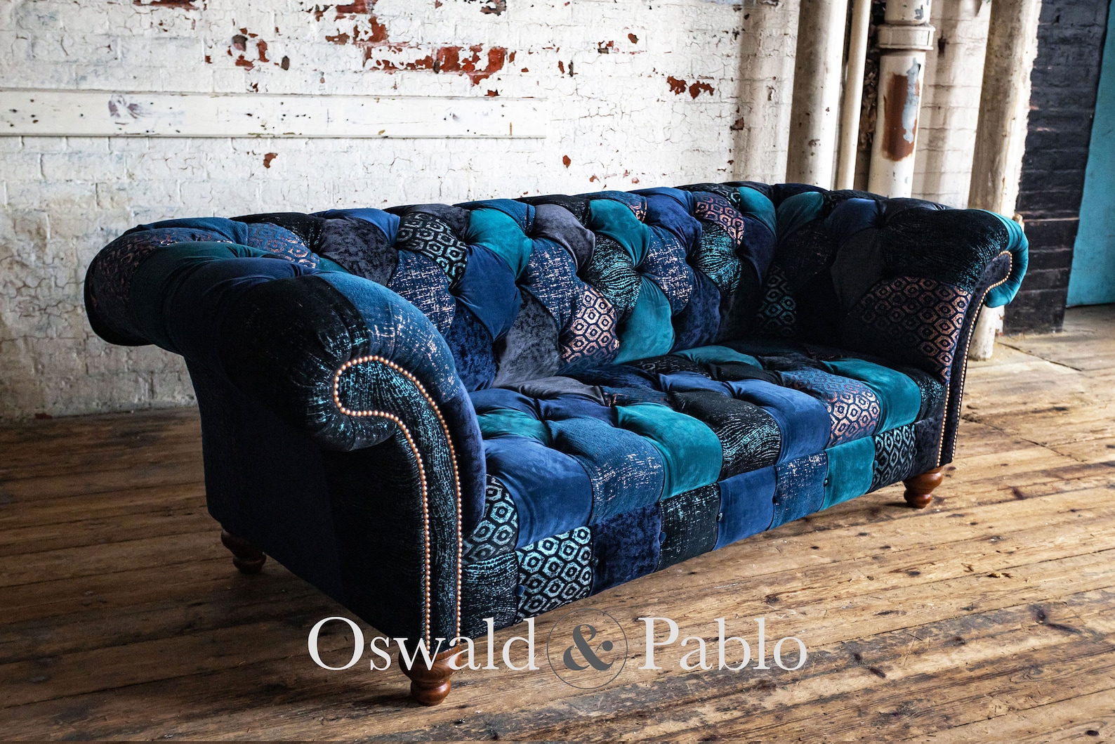Unique British Handmade 3 Seater Navy Blue Velvet Fabric Patchwork ...