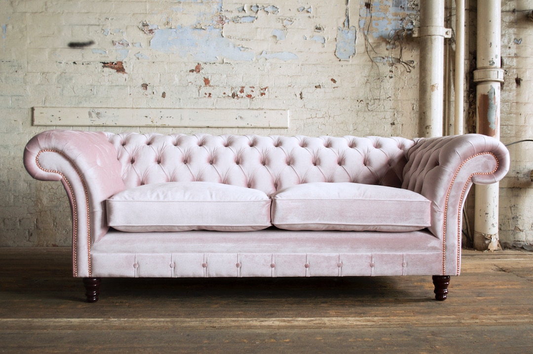 3 Seater Dusty Pink Velvet Fabric Chesterfield Sofa, British Handmade ...