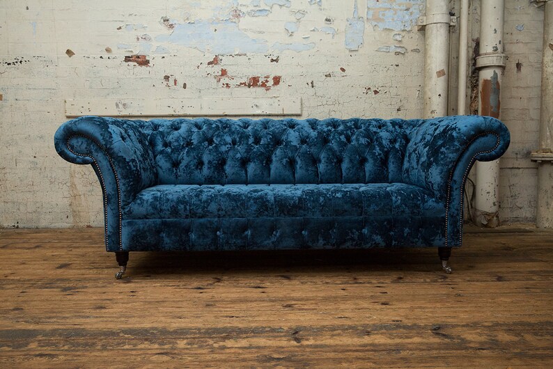 British Handmade Navy Blue Crushed Velvet 3 Seater Chesterfield Sofa ...