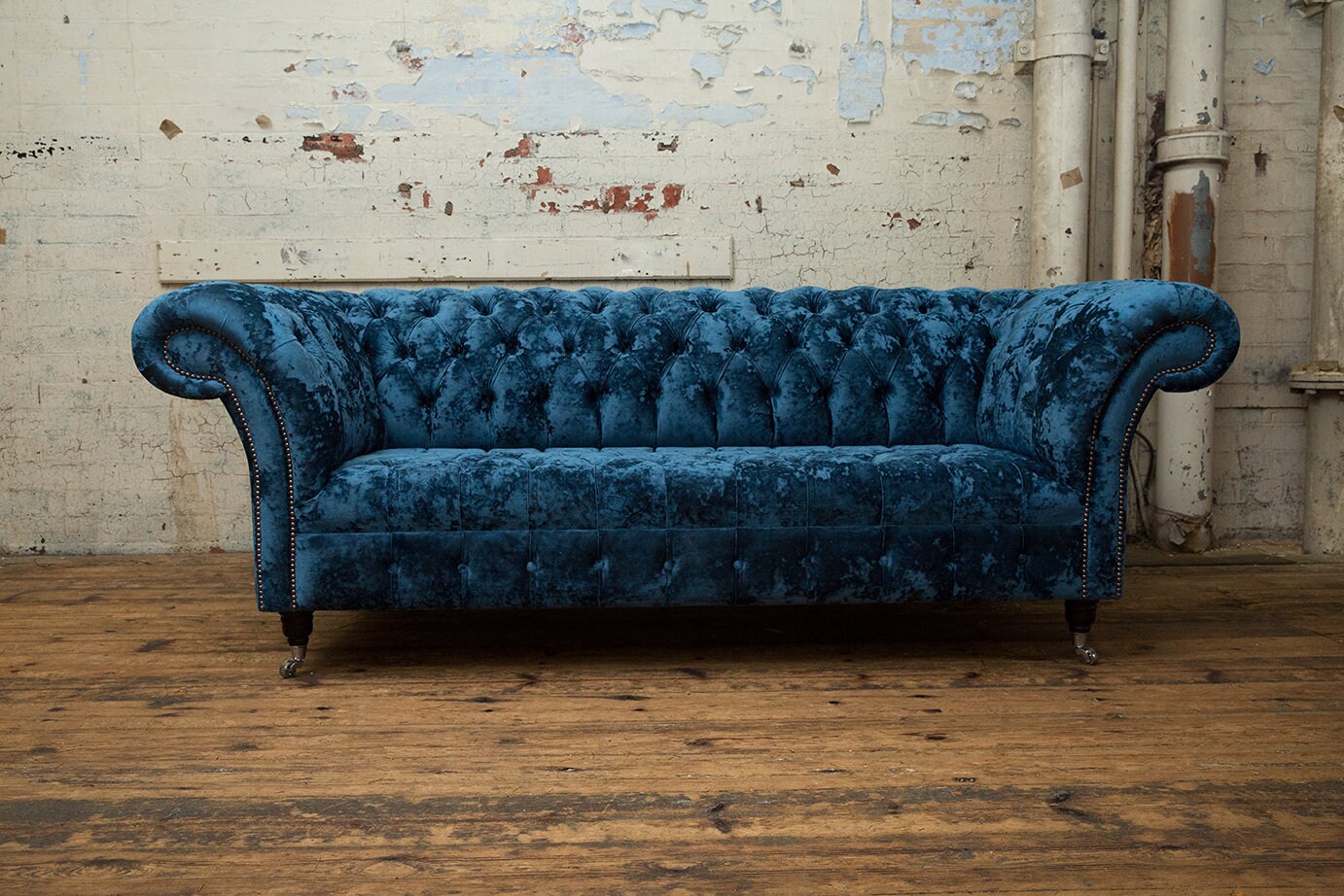 British Handmade Navy Blue Crushed Velvet 3 Seater Chesterfield Sofa ...