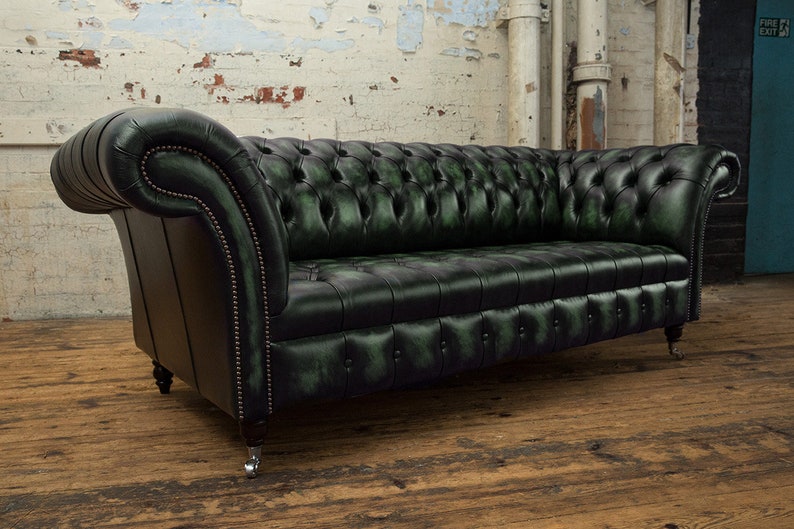 Handmade 3 Seater Distressed Antique Green Leather Chesterfield Sofa