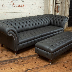 British Handmade 4 Seater Grey Steel Leather Chesterfield Sofa & Large ...