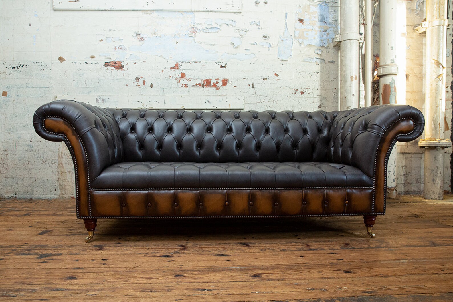 Handmade 3 Seater Vintage Grey With Antique Tan Leather Chesterfield ...