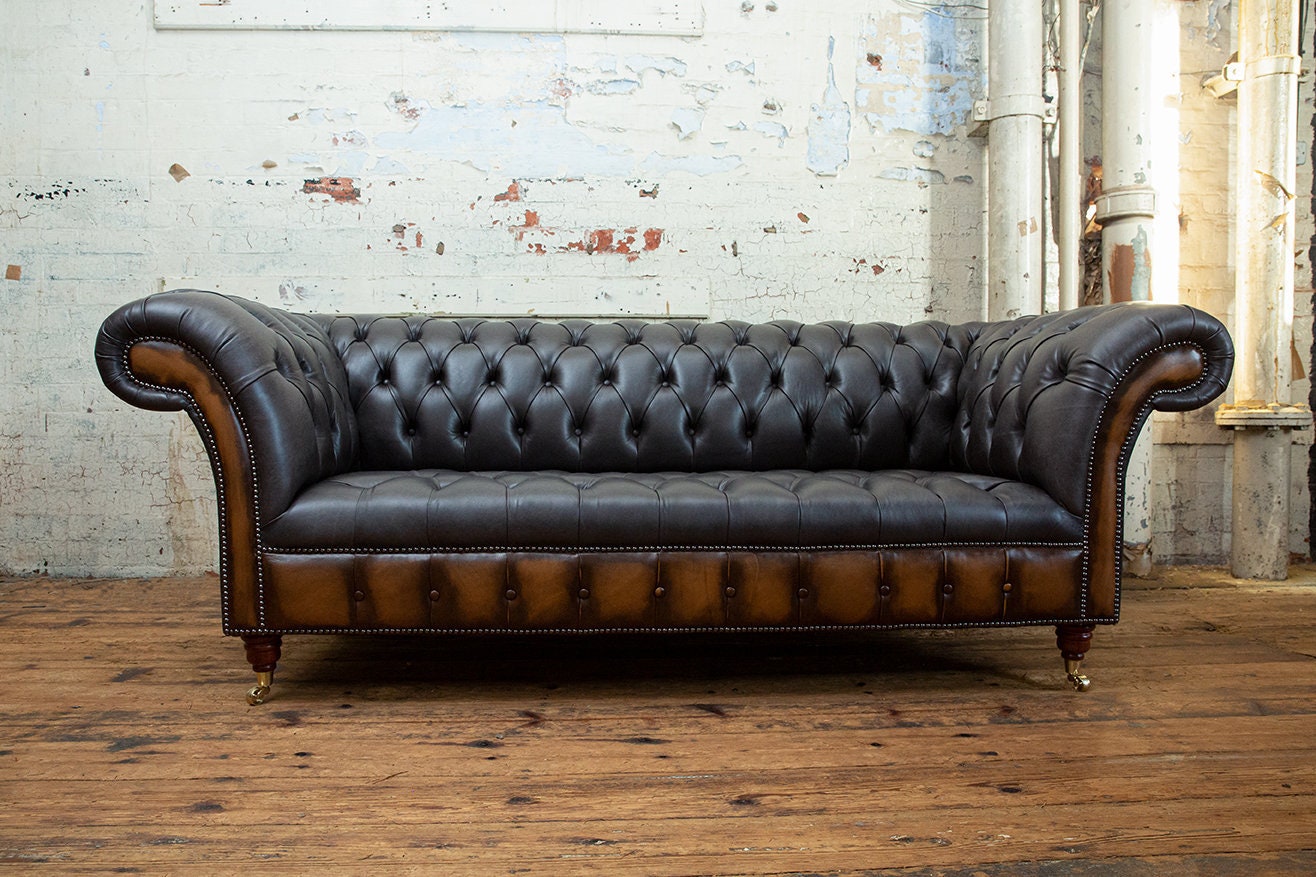 Handmade 3 Seater Vintage Grey With Antique Tan Leather Chesterfield ...