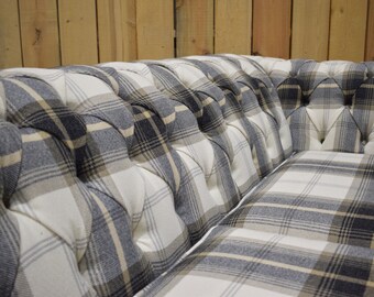 3 Seater Cream Black Tartan Check Wool Chesterfield Sofa British Handmade