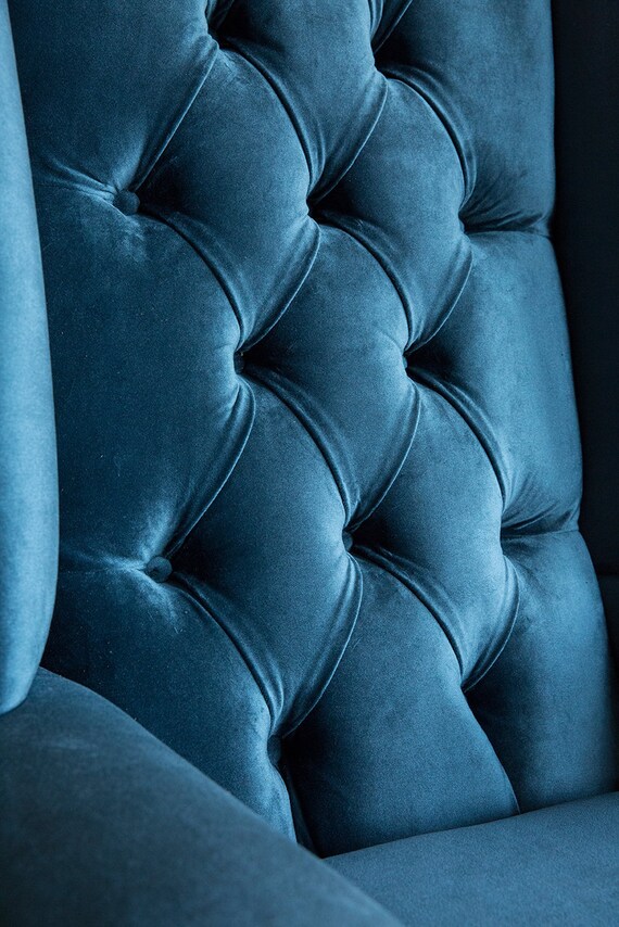 Duck Egg Blue Velvet Chesterfield High Back Wing Chair British