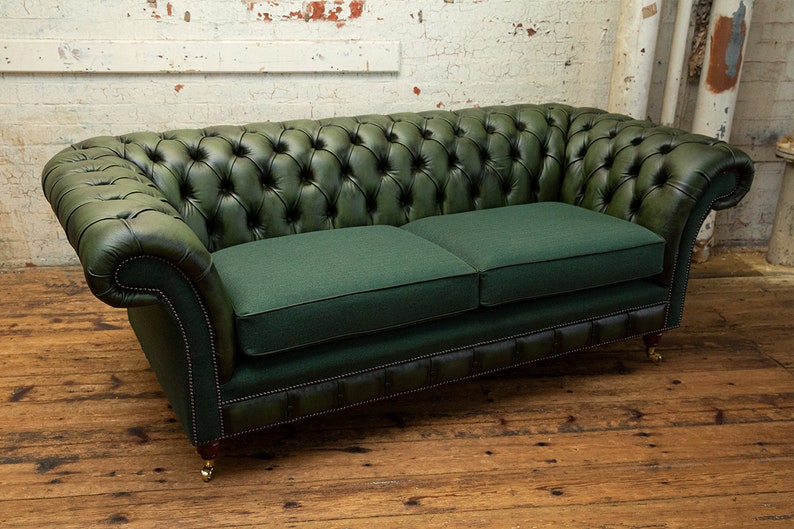 British Handmade 3 Seater Antique Green Leather Chesterfield Sofa ...