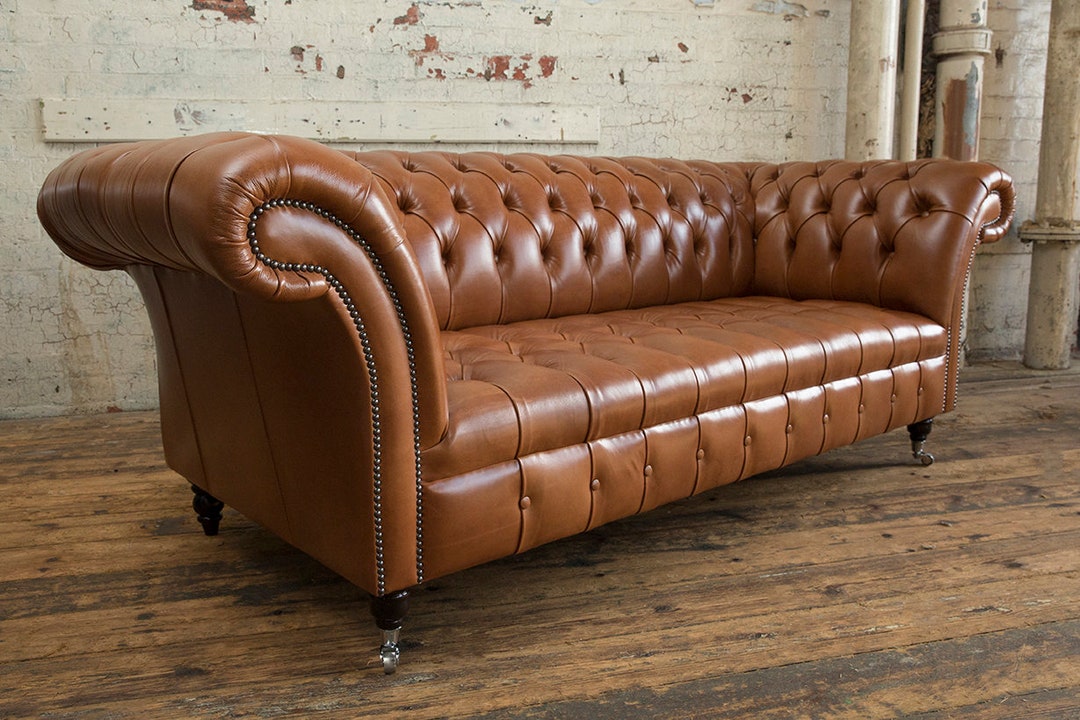 3 Seater Tan Brown Leather Chesterfield Sofa, British Handmade - Etsy