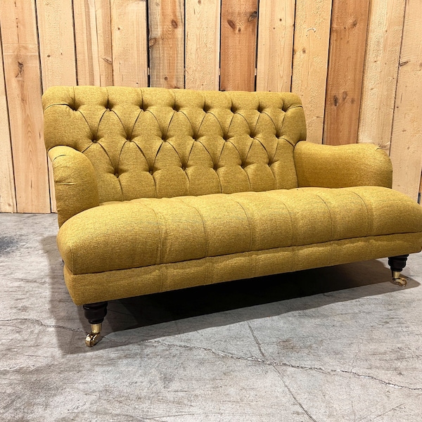 2 Seater Mustard Herringbone Wool Fabric Low Chesterfield Sofa, British Handmade