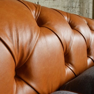 British Handmade Vintage Tan Leather & Grey Wool 3 Seater Chesterfield ...