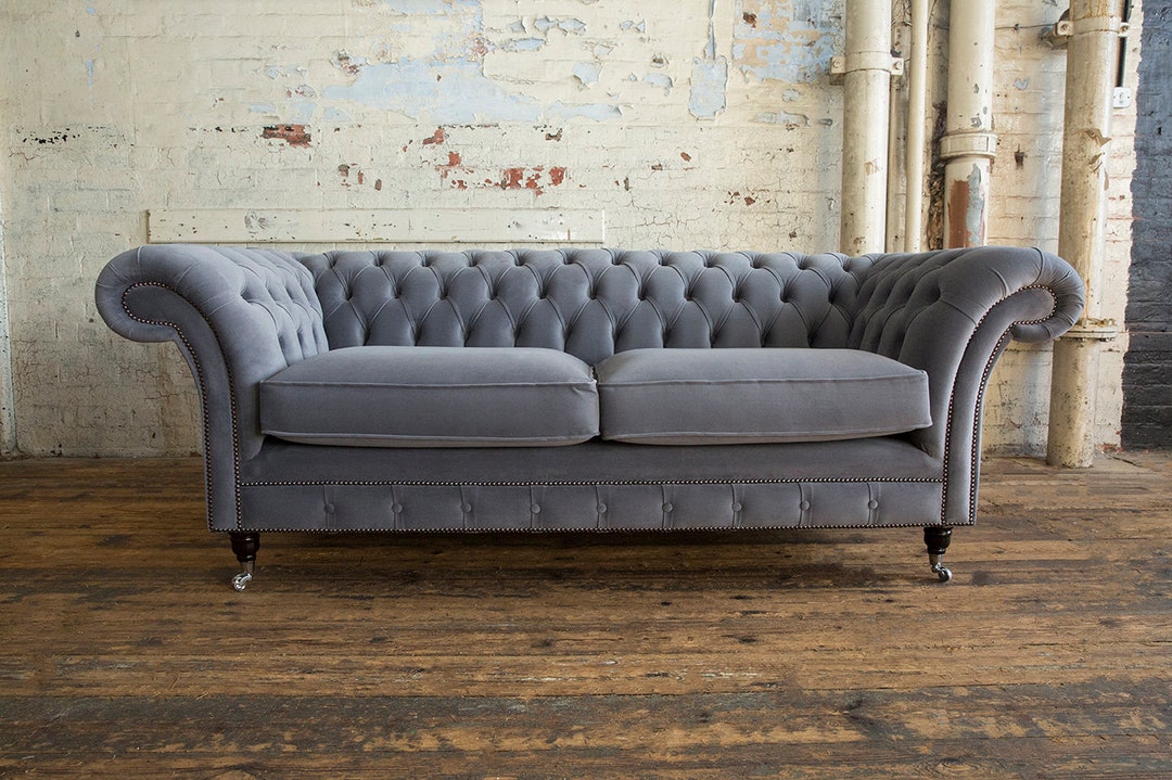 British Handmade 3 Seater Platinum Grey Velvet Fabric Chesterfield Sofa ...