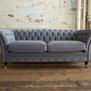 British Handmade 3 Seater Platinum Grey Velvet Fabric Chesterfield Sofa ...