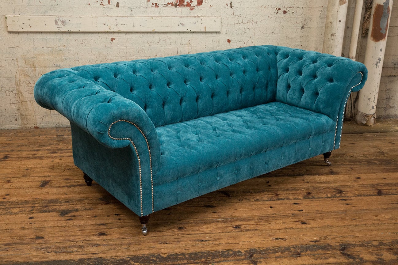British Handmade 3 Seater Aqua Blue Textured Velvet Chesterfield