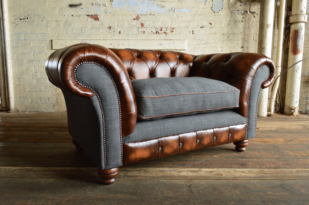 Chesterfield Snuggle Chair, Antique Tan Brown Leather & Dark Grey Wool ...