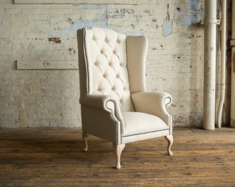 British Handmade Cream Herringbone Wool Fabric Chesterfield High Back Wing Chair