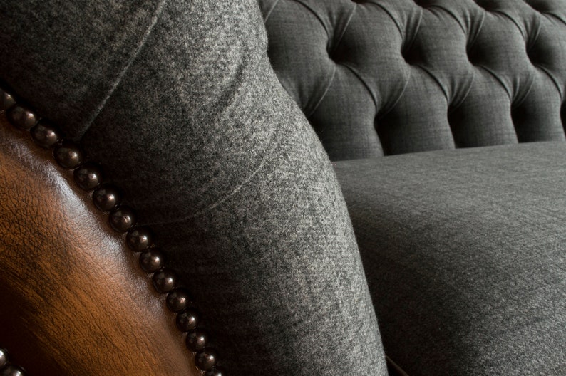 British Handmade 3 Seater Grey Wool & Antique Tan Leather 3 Seater ...