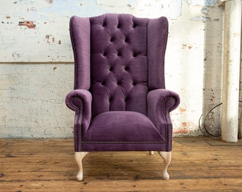 British Handmade Vintage Distressed Aubergine Velvet Chesterfield High Back Wing Chair