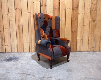 Unique Orange & Grey Patterned Velvet Patchwork Chesterfield High Back Wing Chair, British Handmade