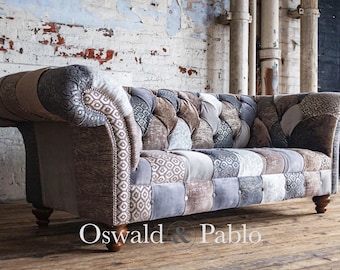 Unique British Handmade 3 Seater Cream / Beige / Grey Velvet Fabric Patchwork Chesterfield Sofa