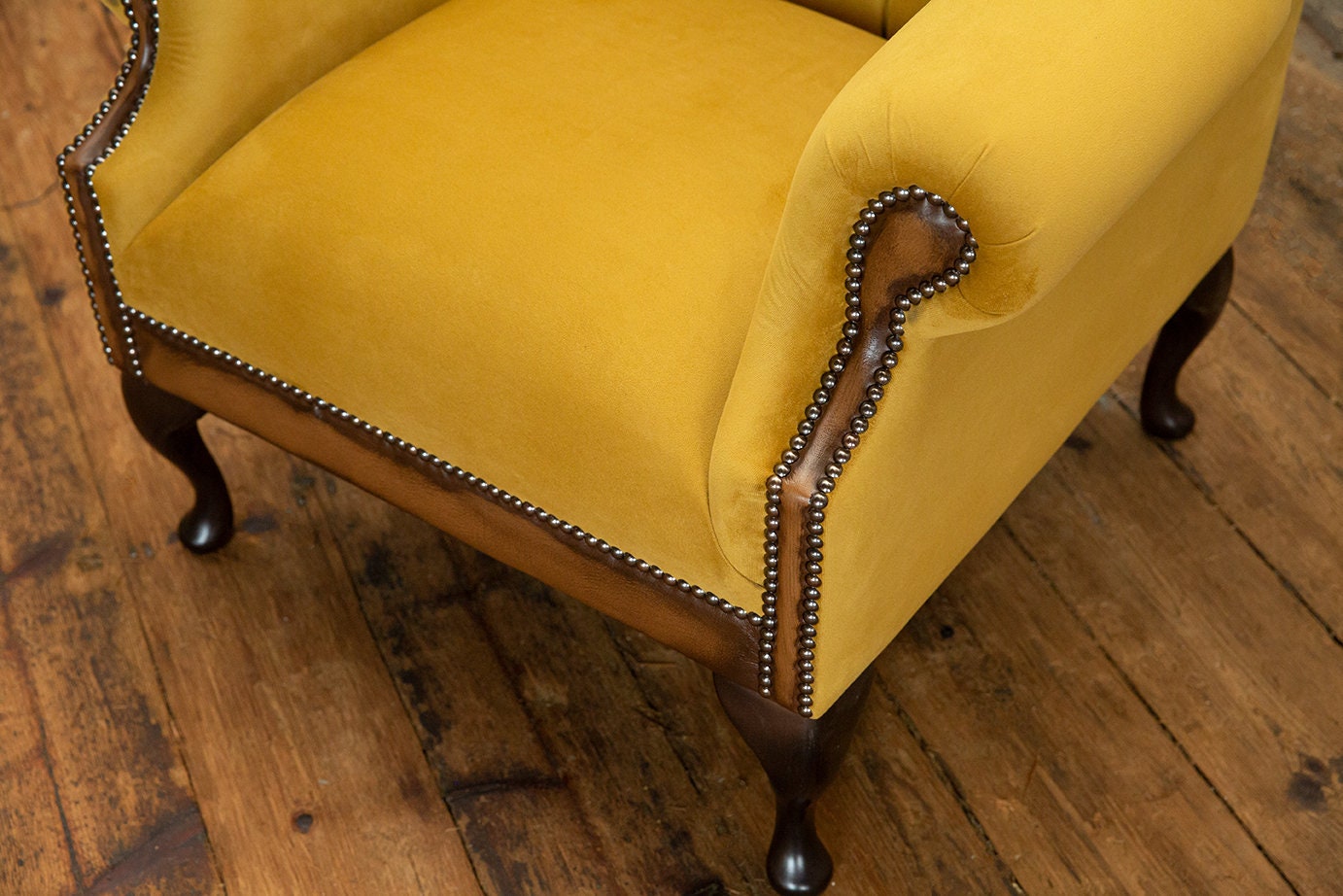 British Handmade Mustard Gold Velvet With Antique Tan Leather Chesterfield High Back Wing Chair Etsy