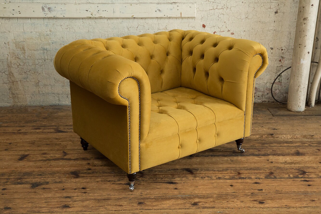 Mustard Velvet Chesterfield Snuggle Armchair British Handmade