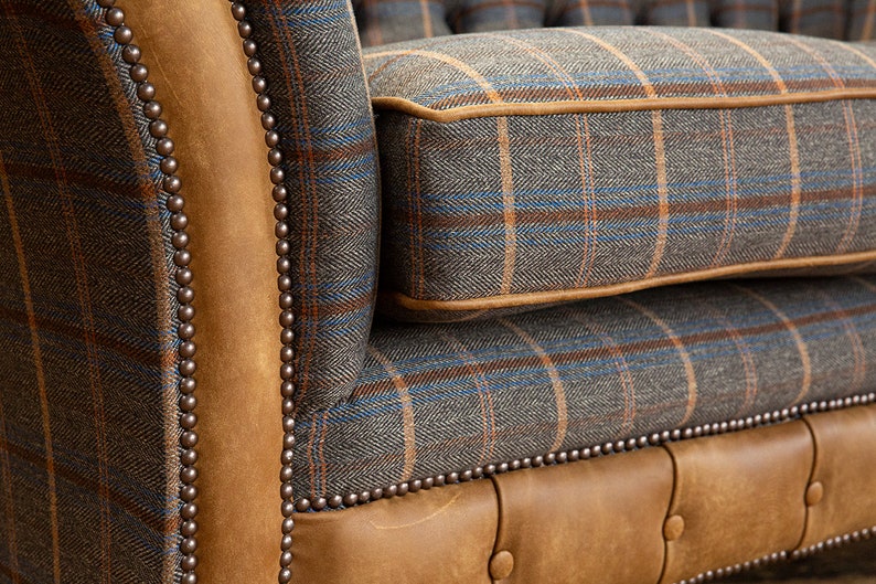2 Seater Tan Tweed Chesterfield Sofa Distressed Tan Brown Etsy UK