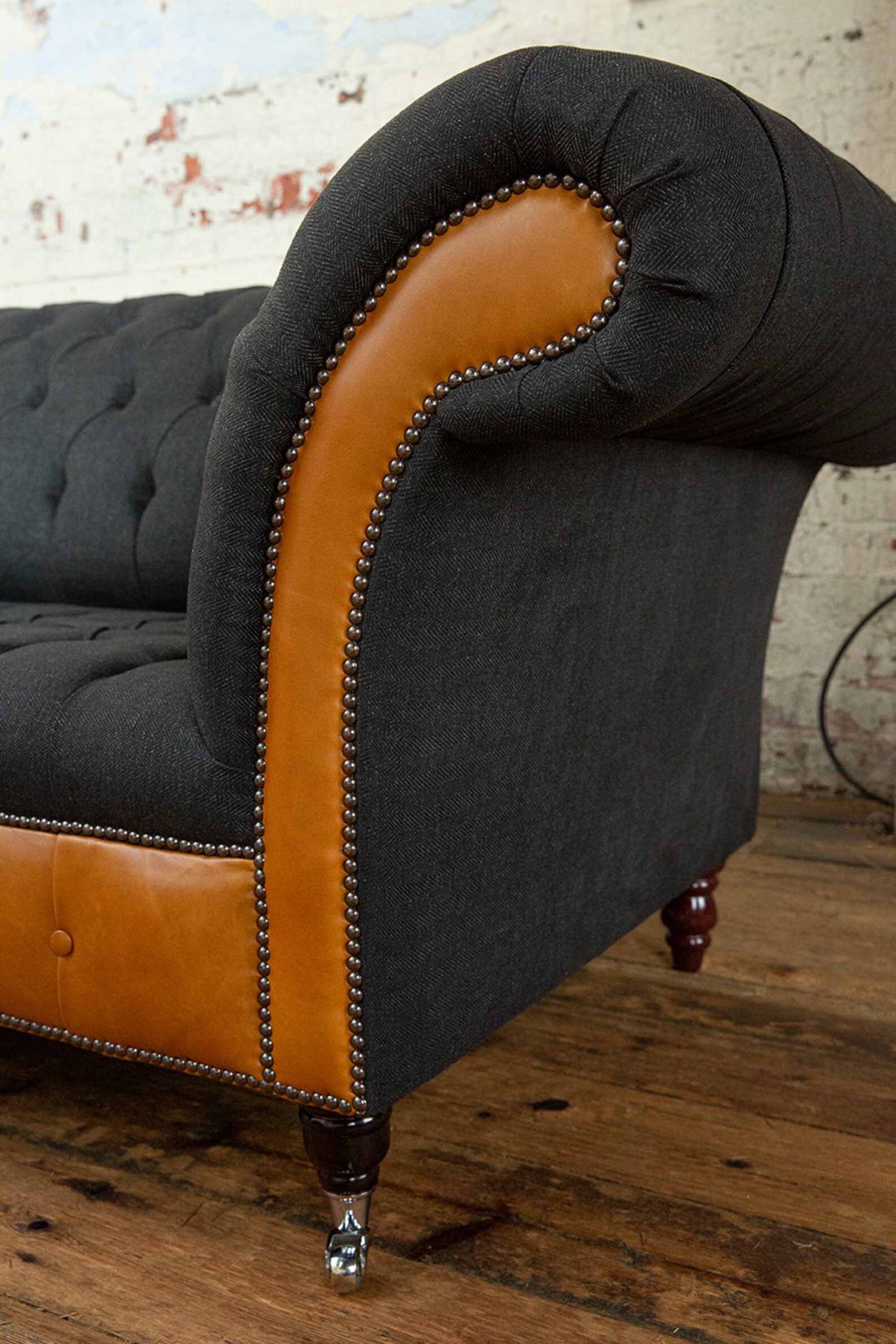 British Handmade 3 Seater Charcoal Grey Herringbone Wool & Tan Leather ...