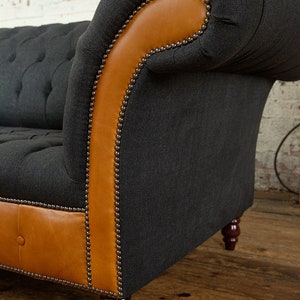 British Handmade 3 Seater Charcoal Grey Herringbone Wool & Tan Leather ...