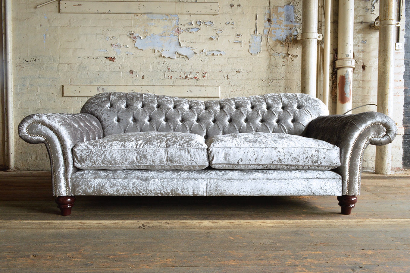 3 Seater Silver Crushed Velvet Chesterfield Sofa British Handmade Etsy