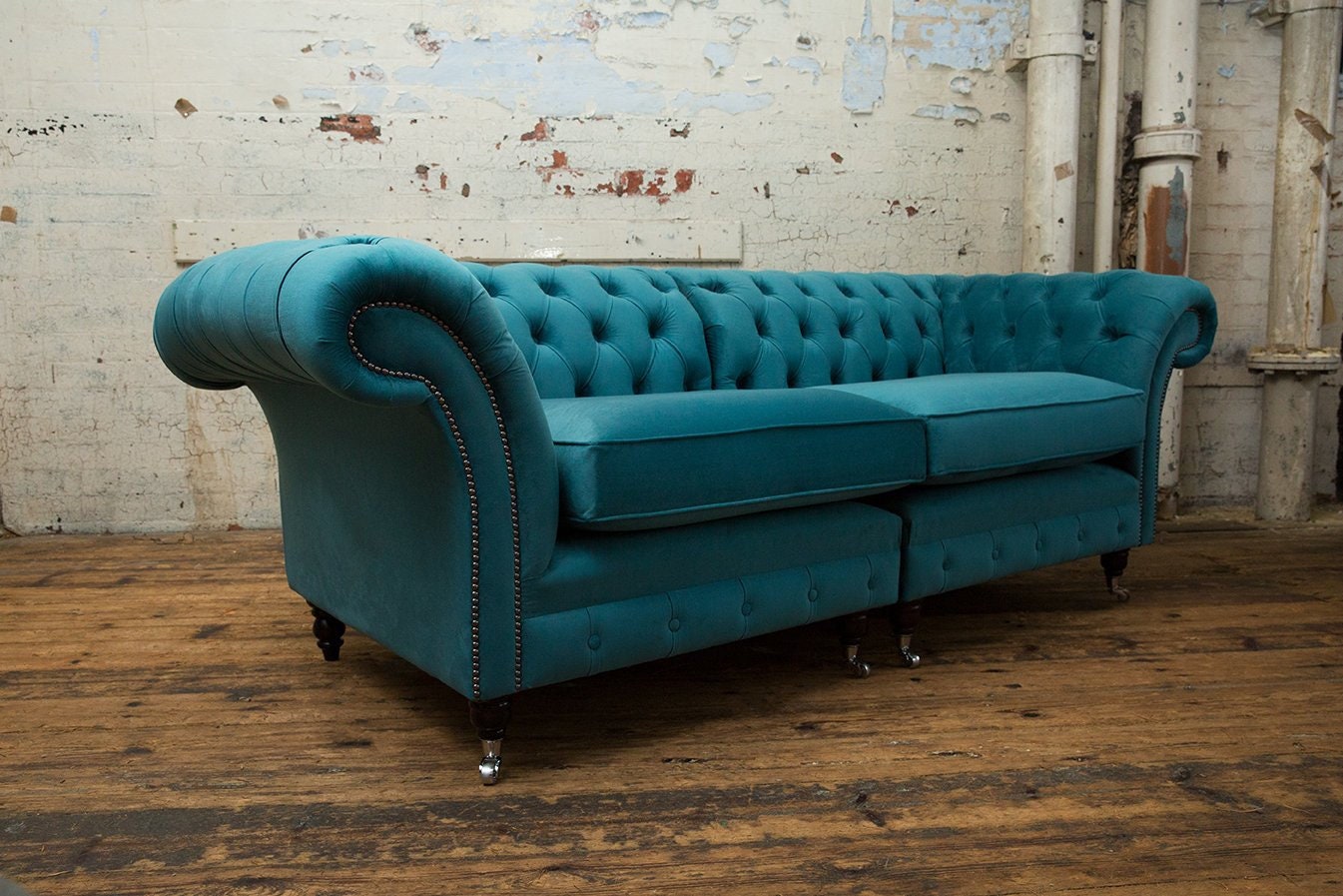 British Handmade 3 Seater Teal Blue Velvet Chesterfield Sofa - Split ...