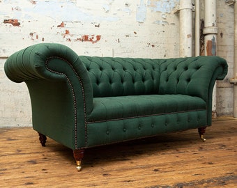 2 Seater Green Chesterfield Sofa in Herringbone Wool Fabric -  British Handmade